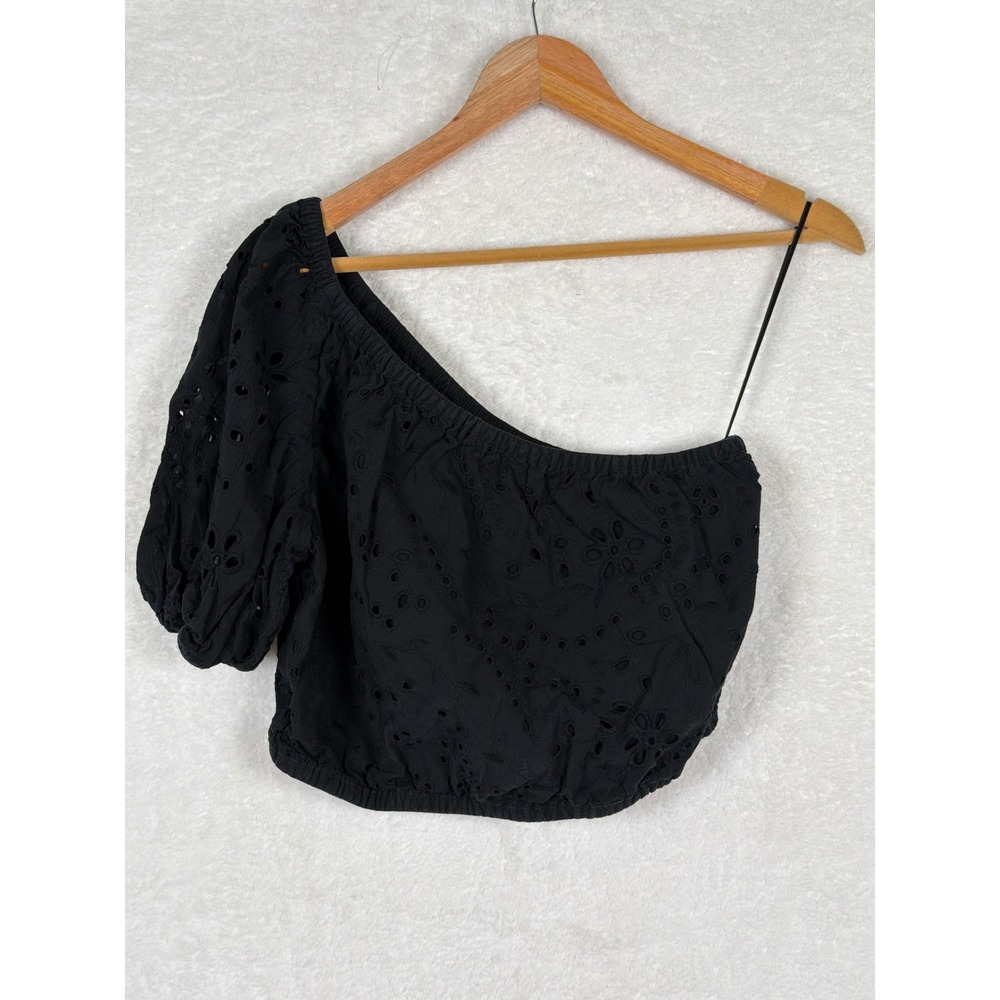 Banana Republic Eyelet Top Womens S Black One Shoulder Puff Sleeve Crop A-988